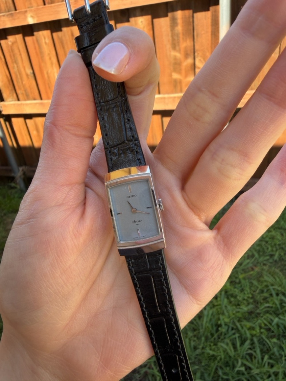 Seiko Silver-Tone Rectangular Dial Black Leather Strap Watch